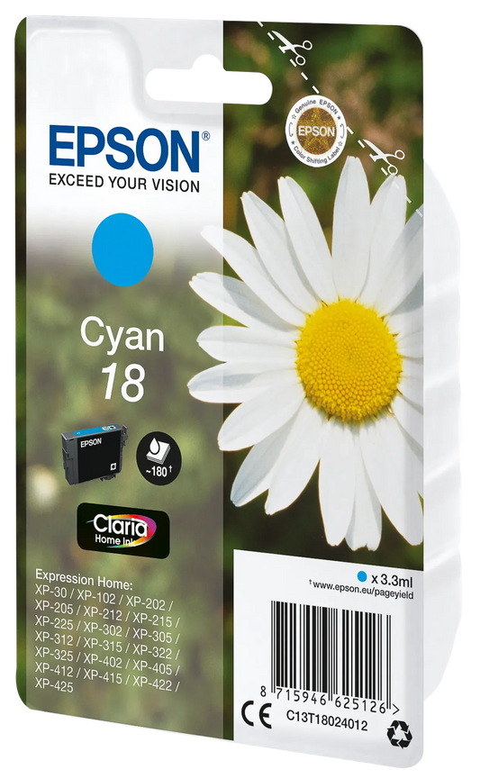 EPSON 18 / T1802 Cyan Druckerpatrone – Claria Home Ink für gestochen scharfe Texte & brillante Farbausdrucke