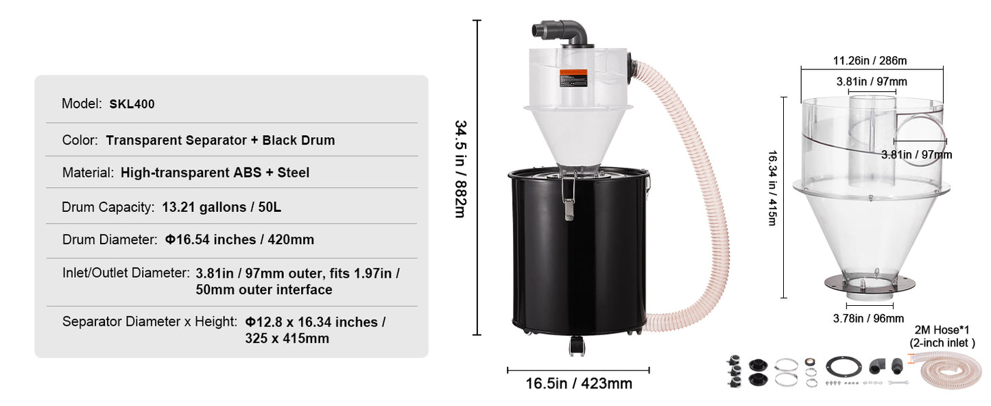 SucceBuy Cyclone Dust Separator with Metal Tank 4" Retrofit Cyclone Separator ABS Dust Deputy With 2" Hole O.D. Connector & Hose