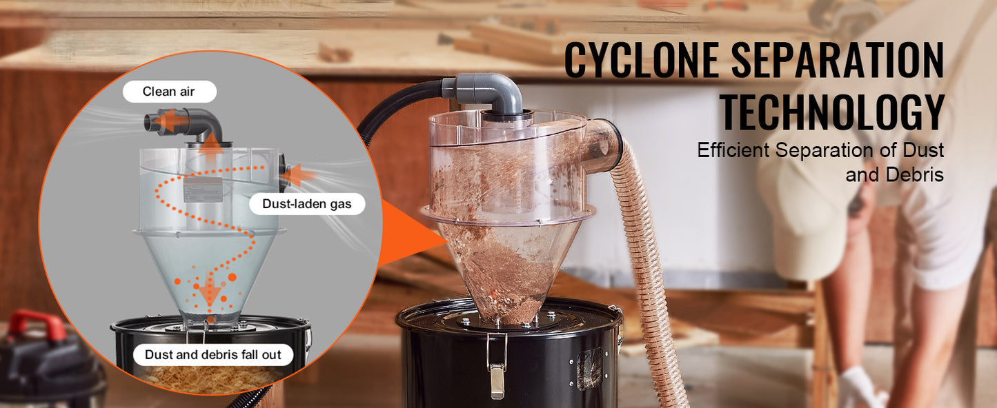 SucceBuy Cyclone Dust Separator with Metal Tank 4" Retrofit Cyclone Separator ABS Dust Deputy With 2" Hole O.D. Connector & Hose