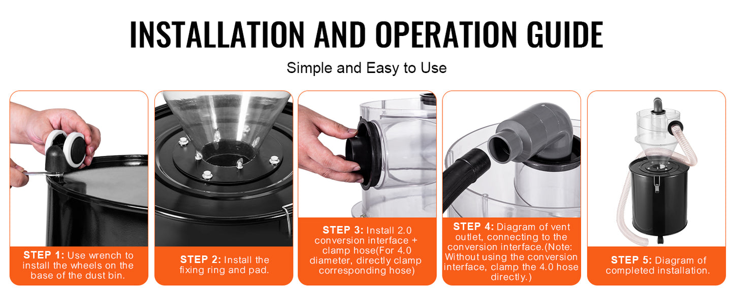 SucceBuy Cyclone Dust Separator with Metal Tank 4" Retrofit Cyclone Separator ABS Dust Deputy With 2" Hole O.D. Connector & Hose
